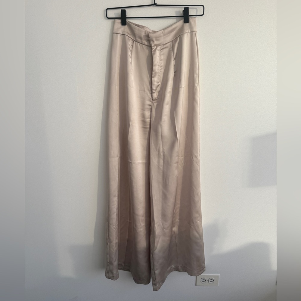 Meshki Cream Satin Wide Leg Trousers